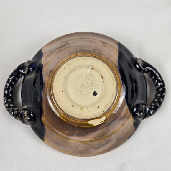 Studio Pottery Handmade Small Trinket Dish Bowl with Double Handles Cream Black - Picture 9 of 11